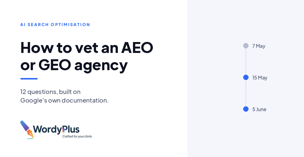 WordyPlus article cover: How to vet an AEO or GEO agency, with a timeline marking three dated changes to Google's guidance.